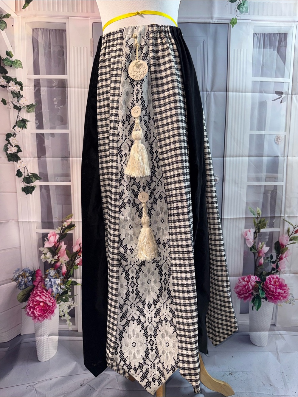 1168-Vintage Chessa Davis Bohemian Black & Cream Maxi Skirt with Tassel Detail